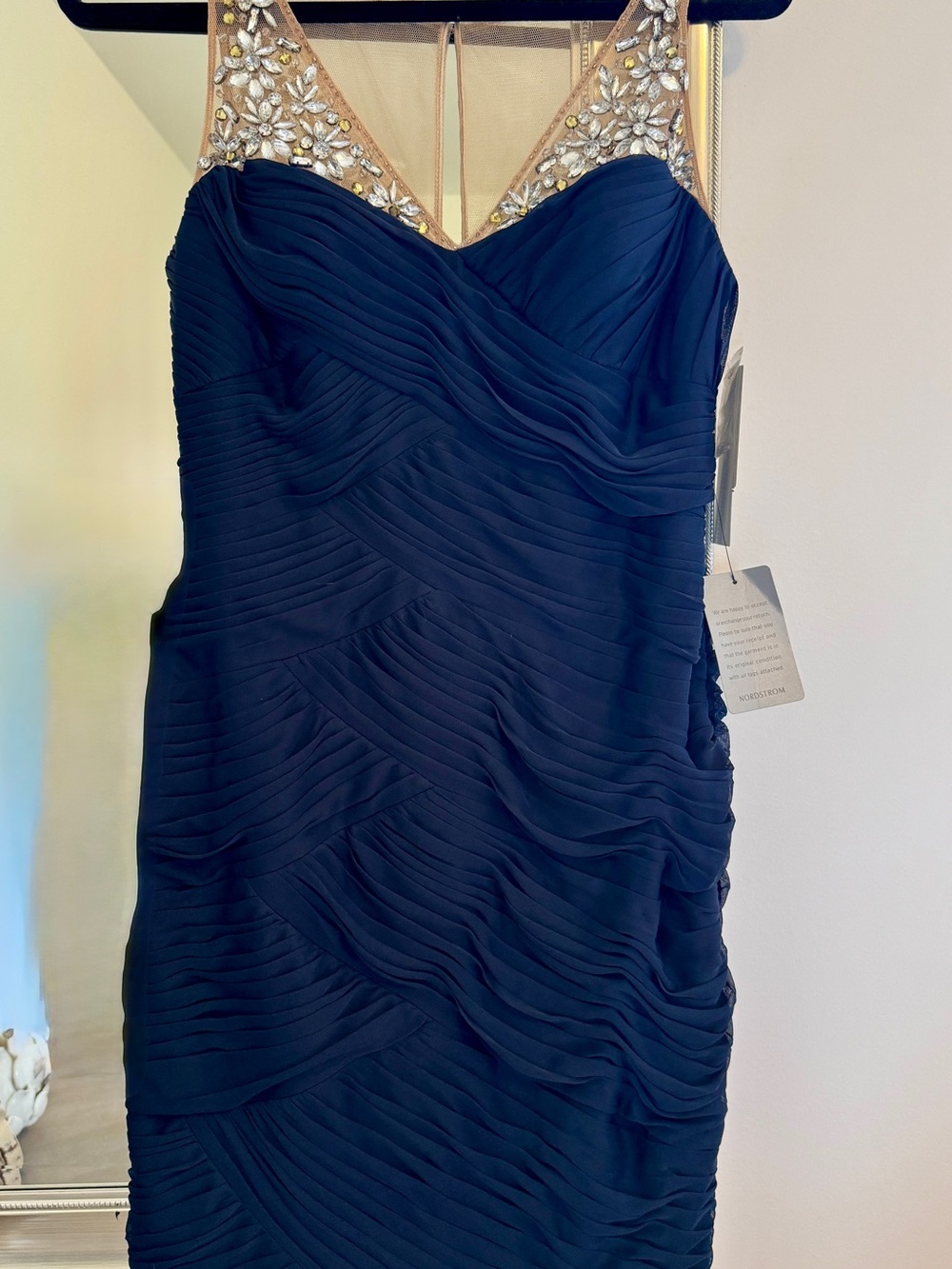 Adrianna Papell Navy Evening Dress with Jeweled Illusion Straps